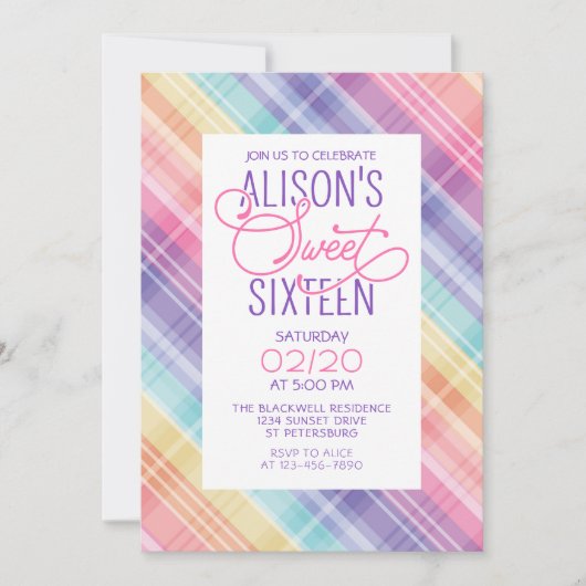 Regenboog Plaid Sweet 16 Verjaardag Kaart (Voorkant)