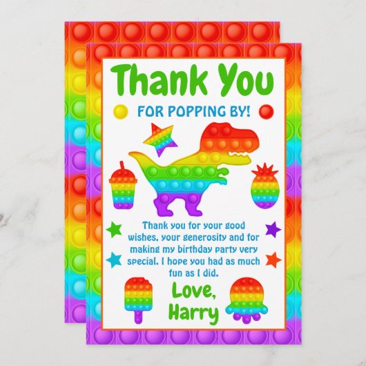 Regenboog Pop Het Fidget Speelgoed Verjaardagsfees Bedankkaart (Voorkant / Achterkant)