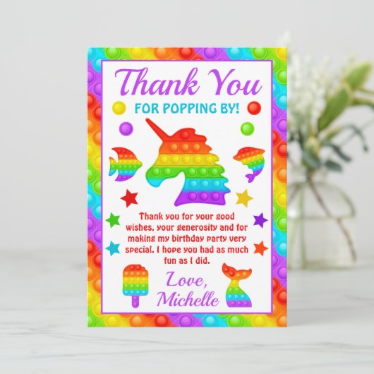 Regenboog Pop Het Fidget Speelgoed Verjaardagsfees Bedankkaart (Staand voorkant)