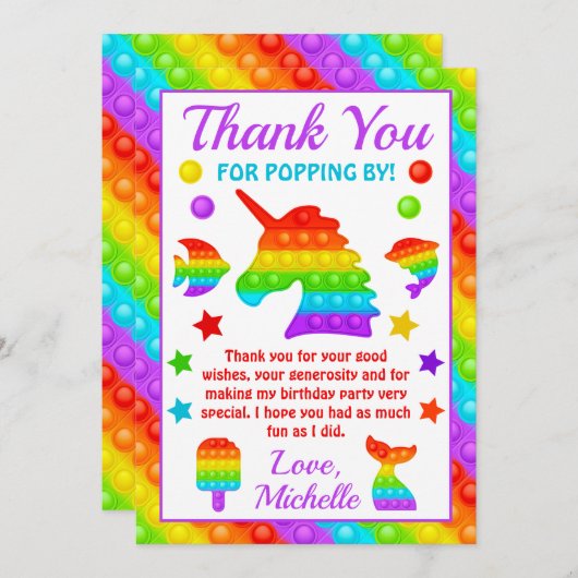 Regenboog Pop Het Fidget Speelgoed Verjaardagsfees Bedankkaart (Voorkant / Achterkant)