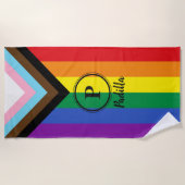 Regenboog Pride Progress Vlag Zwart Eigen Monogram Strandlaken (Voorkant)