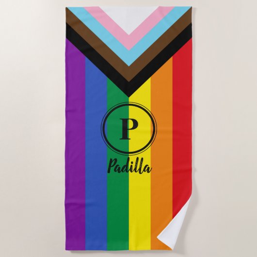 Regenboog Pride Progress Vlag Zwart Eigen Monogram Strandlaken (Voorkant)