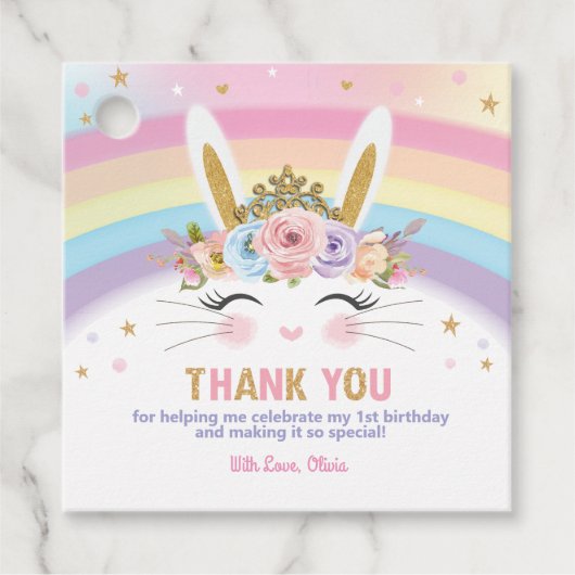Regenboog Prinses Bunny Verjaardagsfeestje Dank u Bedankjes Labels (Voorkant)