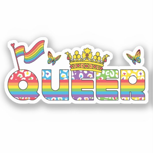 Regenboog Queer Crown met Vlag en Vlinders Sticker (Voorkant)
