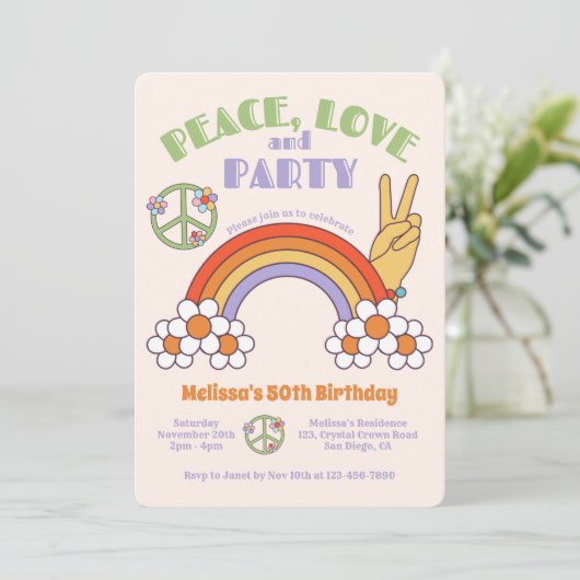 Regenboog Retro Hippie Peace & Love Verjaardag Kaart (Staand voorkant)