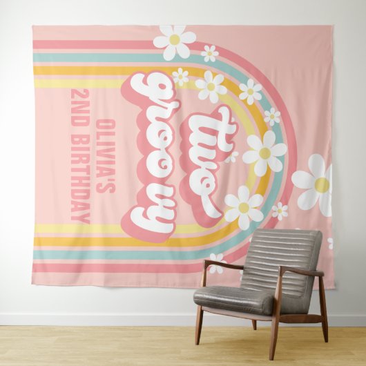 Regenboog Retro Twee Groovy 2e Verjaardag Wandkleed (In Situ (horizontaal))