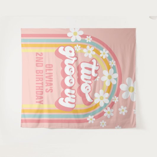 Regenboog Retro Twee Groovy 2e Verjaardag Wandkleed (Voorkant (horizontaal))