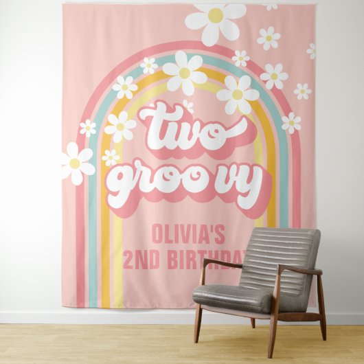 Regenboog Retro Twee Groovy 2e Verjaardag Wandkleed (In situ)