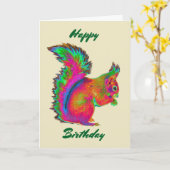Regenboog rode eekhoorn. Gelukkige verjaardag. Kaart (Gele Bloem)