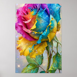 Regenboog Roos Glans - Roze Blauw Geel Kleurrijk Poster