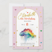 Regenboog roze aquarel 1e verjaardag uitnodiging (Voorkant)