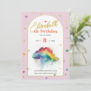 Regenboog roze aquarel 1e verjaardag uitnodiging