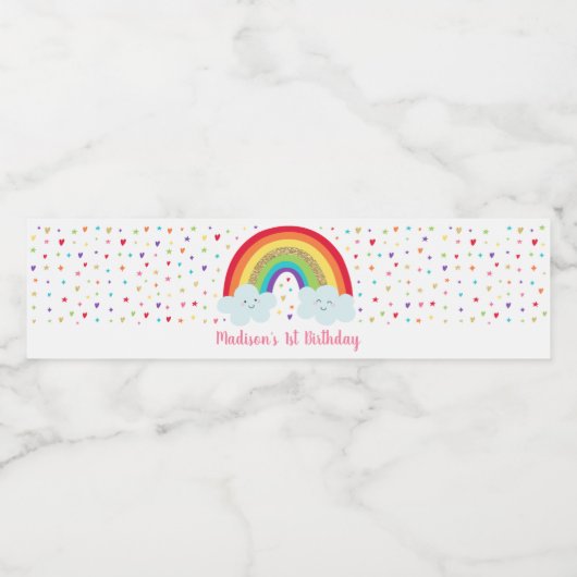 Regenboog Roze & Goud Verjaardag Waterfles Etiket (Enkel label)