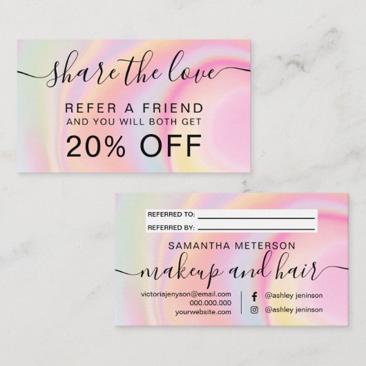 Regenboog roze marmeren eenhoorn holografisch scri aanbevelingskaartje (Voorkant / Achterkant)