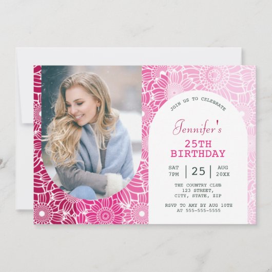 Regenboog Roze Strepen Bloemenboog Foto Verjaardag Kaart (Voorkant)