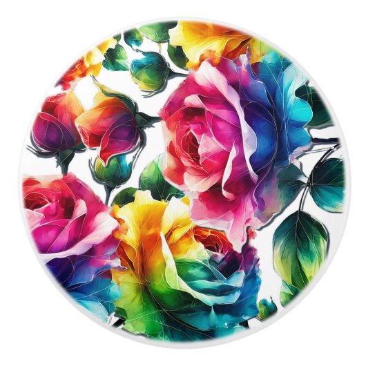 Regenboog Rozen Levendig Kleurrijke Bloemen Keramische Knop (Voorkant)