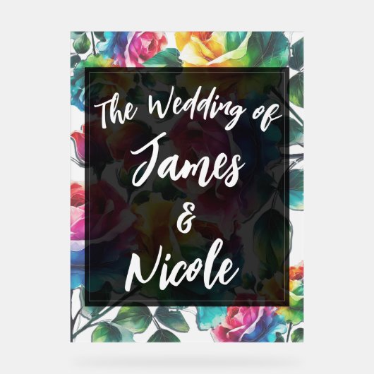 Regenboog Rozen Zwart & Wit Levendig Bloemen Huwel Acryl Bord (Voorkant)