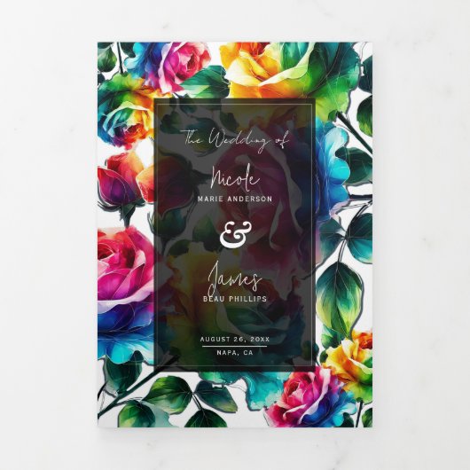 Regenboog Rozen Zwart & Wit Levendig Bloemen Huwel Drieluik Uitnodiging (Cover)