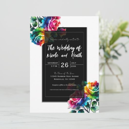 Regenboog Rozen Zwart & Wit Levendig Bloemen Huwel Kaart (Staand voorkant)