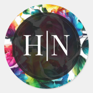 Regenboog Rozen Zwart & Wit Levendig Bloemen Huwel Ronde Sticker
