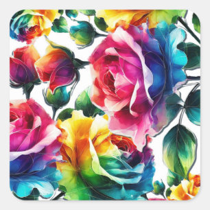 Regenboog Rozen Zwart & Wit Levendig Bloemen Huwel Vierkante Sticker