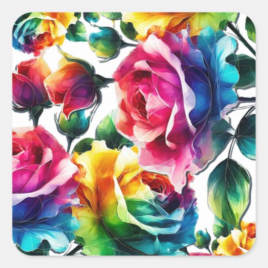 Regenboog Rozen Zwart & Wit Levendig Bloemen Huwel Vierkante Sticker (Voorkant)