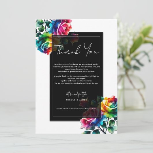 Regenboog Rozen Zwart Wit Levendige Bloemen Dank u Kaart (Staand voorkant)