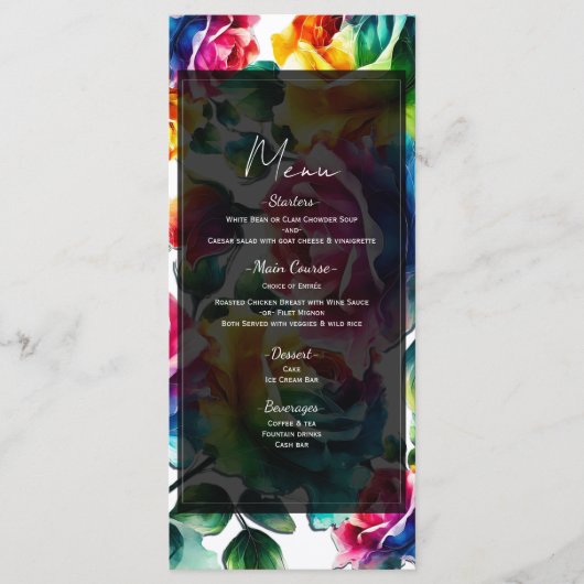 Regenboog Rozen Zwart & Witte Bloemige Trouwmenu Menu (Voorkant)