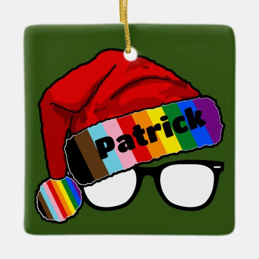 Regenboog Santa Hoed met Bril Keramisch Ornament (Voorkant)