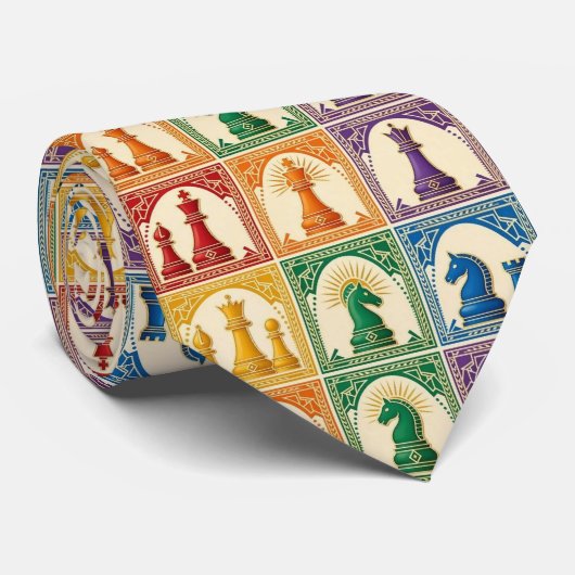 Regenboog Schaakstukken | Schaakspel Stropdas (Opgerold)