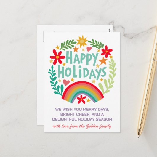 Regenboog Schattige Hand-getrokken Kleurrijke CUST Feestdagenkaart (Voorkant / Achterkant in situ)