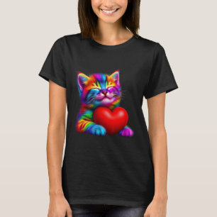 Regenboog Schattigee kat knuffelen Valentijn hart T-shirt