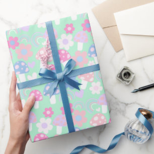 Regenboog, Schattigee paddenstoelen en bloemen Cadeaupapier