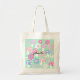 Regenboog, Schattigee paddenstoelen en bloemen Tote Bag