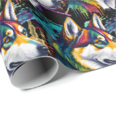 Regenboog Siberische Husky Waterverf Cadeaupapier (Rol Hoek)