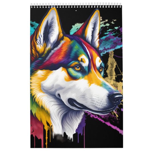 Regenboog Siberische Husky Waterverf Kalender (Hoes)