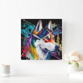 Regenboog Siberische Husky Waterverf Vierkante Klok (Huis)
