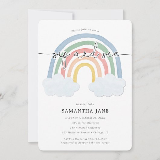 Regenboog slok en zie ontmoet groet baby shower kaart (Voorkant)