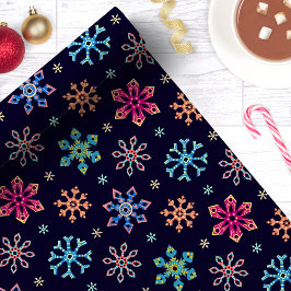Regenboog Sneeuwvlokken Navy Blauwe Kerst Cadeaupapier