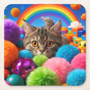 Regenboog Speeltijd Kitten Schattige Tabby Kat Kartonnen Onderzetters