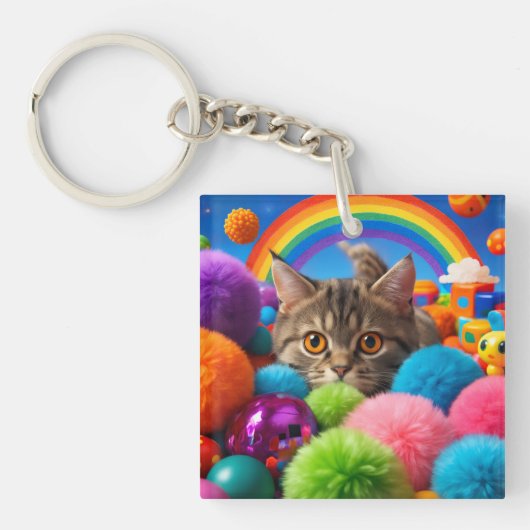 Regenboog Speeltijd Kitten Schattige Tabby Kat Sleutelhanger (voorkant)