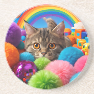 Regenboog Speeltijd Kitten Schattige Tabby Kat Zandsteen Onderzetter