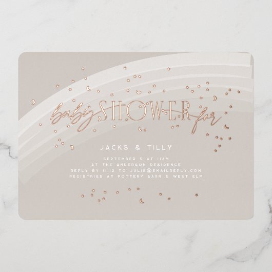 Regenboog Sterren Modern Baby shower Roos Goud Gep Folie Uitnodiging (Voorkant)