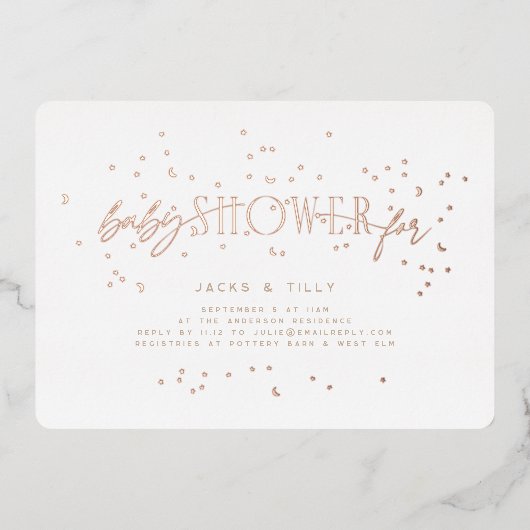 Regenboog Sterren Modern Baby shower Wit Rose Gold Folie Uitnodiging (Voorkant)