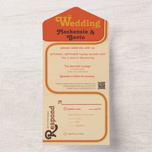 Regenboog streep gebogen rand - Sinaasappel bruin All In One Uitnodiging (Binnen)