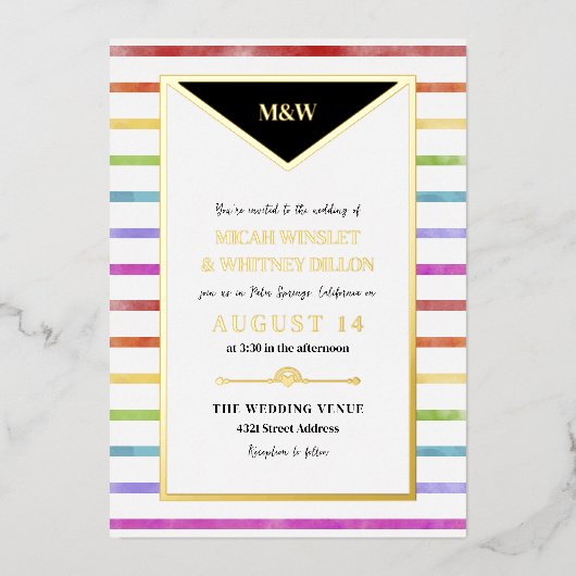 Regenboog strepen Monogram 2 in 1 bruiloft Folie Uitnodiging (Voorkant)