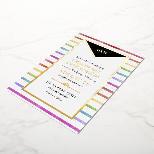 Regenboog strepen Monogram 2 in 1 bruiloft Folie Uitnodiging (Gedraaid)