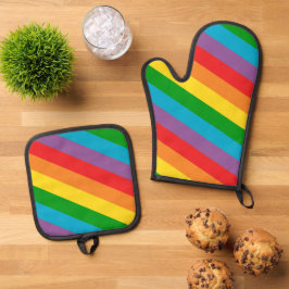 Regenboog Stripe Kleurrijk Ovenwant & Pannenlap Set