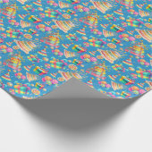 Regenboog thema blauwe verjaardag cadeaupapier (Hoek)