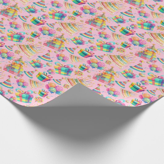 Regenboog thema roze verjaardag cadeaupapier (Hoek)